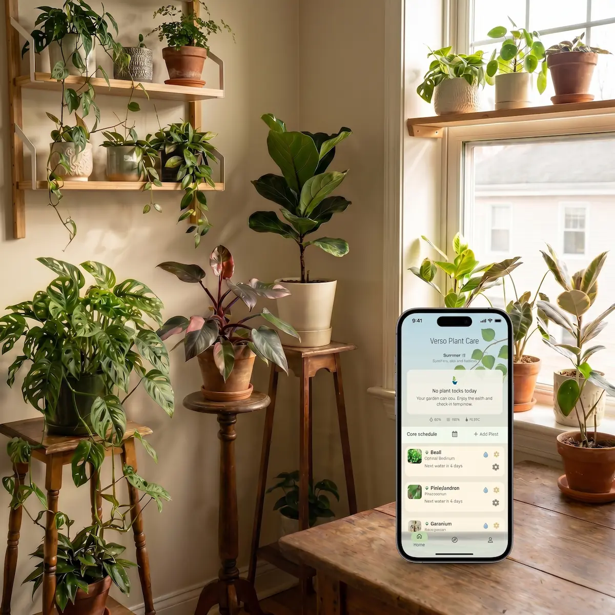 Verso Plant Care app showing plant search, recognition, watering estimates, and reminder settings